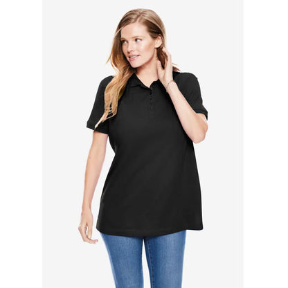 Front view of a black short-sleeve polo shirt for plus-size men, featuring a classic collar and relaxed fit, laid flat against a white background.