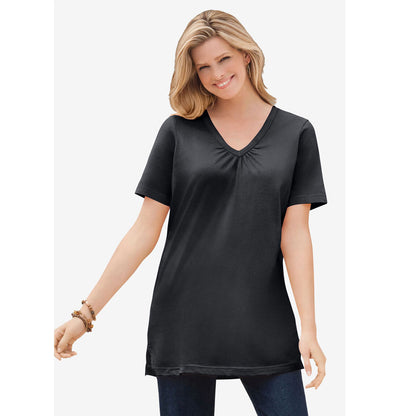 Black Perfect Short-Sleeve Shirred V-Neck Tunic PSW-8049