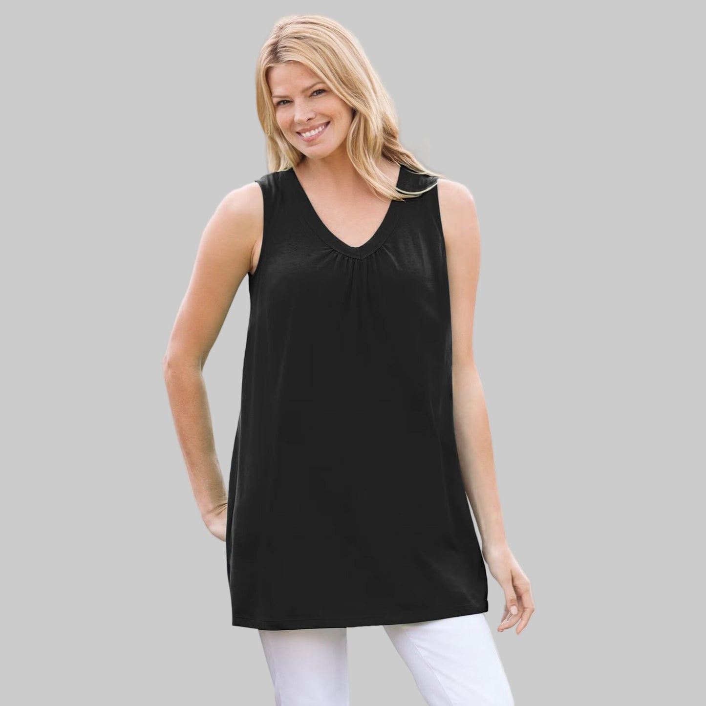 Women’s black sleeveless V-neck tunic with shirred neckline and 30-inch length, displayed on a clean white studio background.