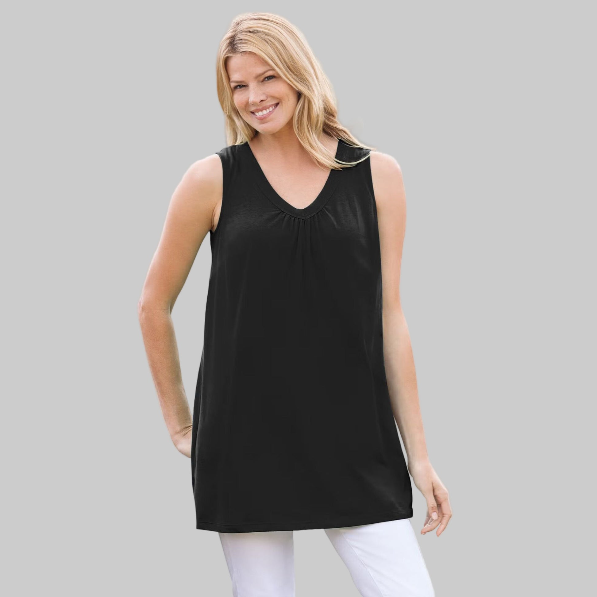 Women’s black sleeveless V-neck tunic with shirred neckline and 30-inch length, displayed on a clean white studio background.