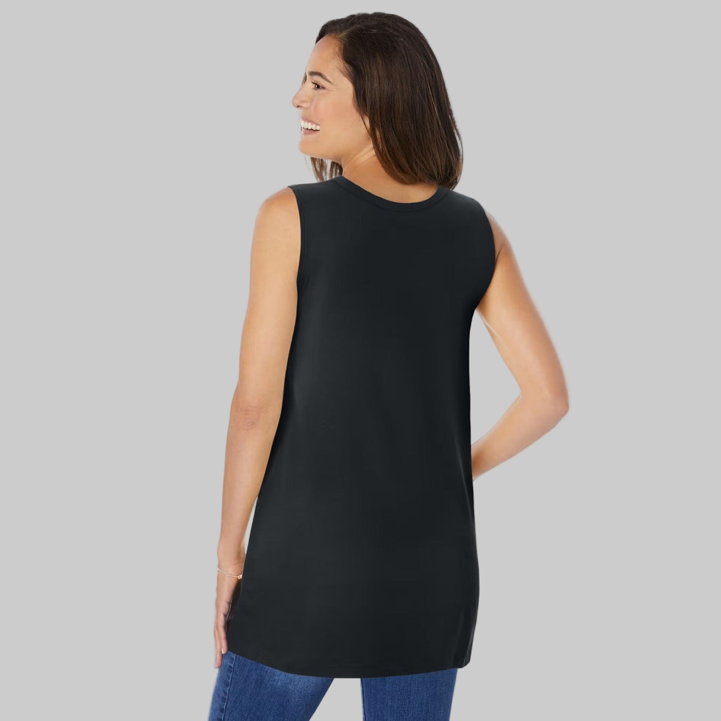 Women’s black sleeveless V-neck tunic with shirred neckline and 30-inch length, displayed on a clean white studio background.