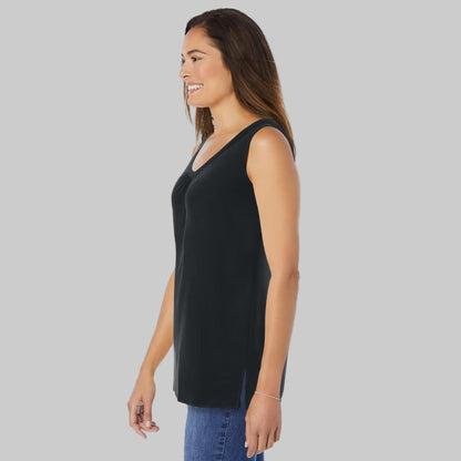 Women’s black sleeveless V-neck tunic with shirred neckline and 30-inch length, displayed on a clean white studio background.
