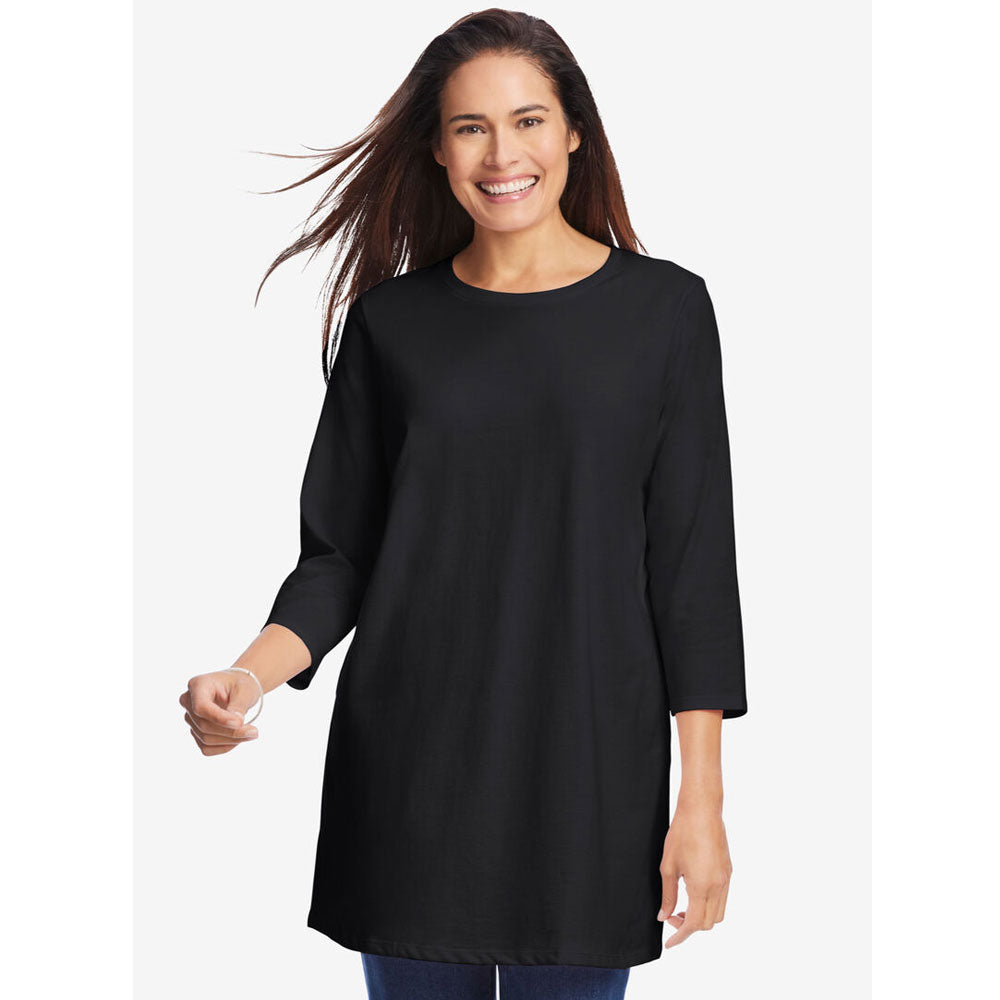 Black Perfect Three-Quarter Sleeve Crewneck T-Shirt PSW-7893