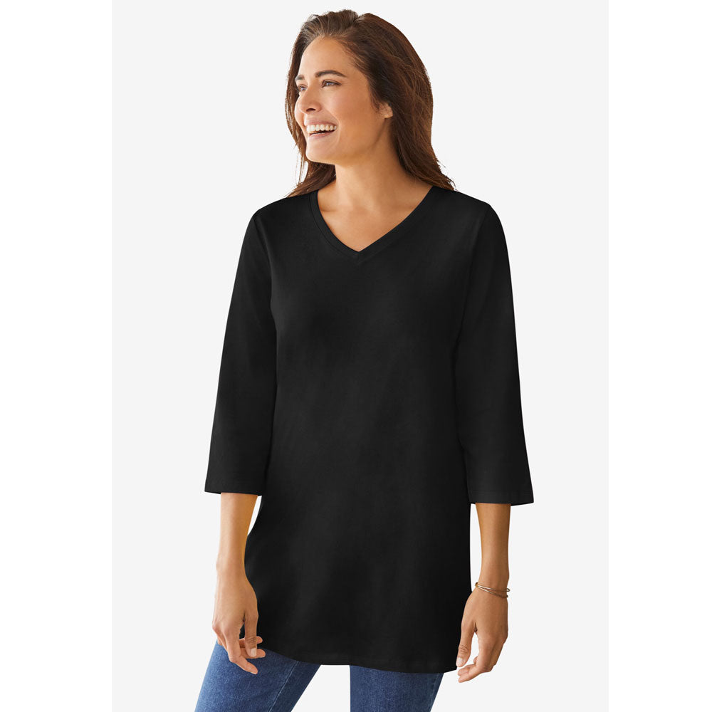 Black Perfect Three-Quarter Sleeve V-Neck Tunic PSW-8106