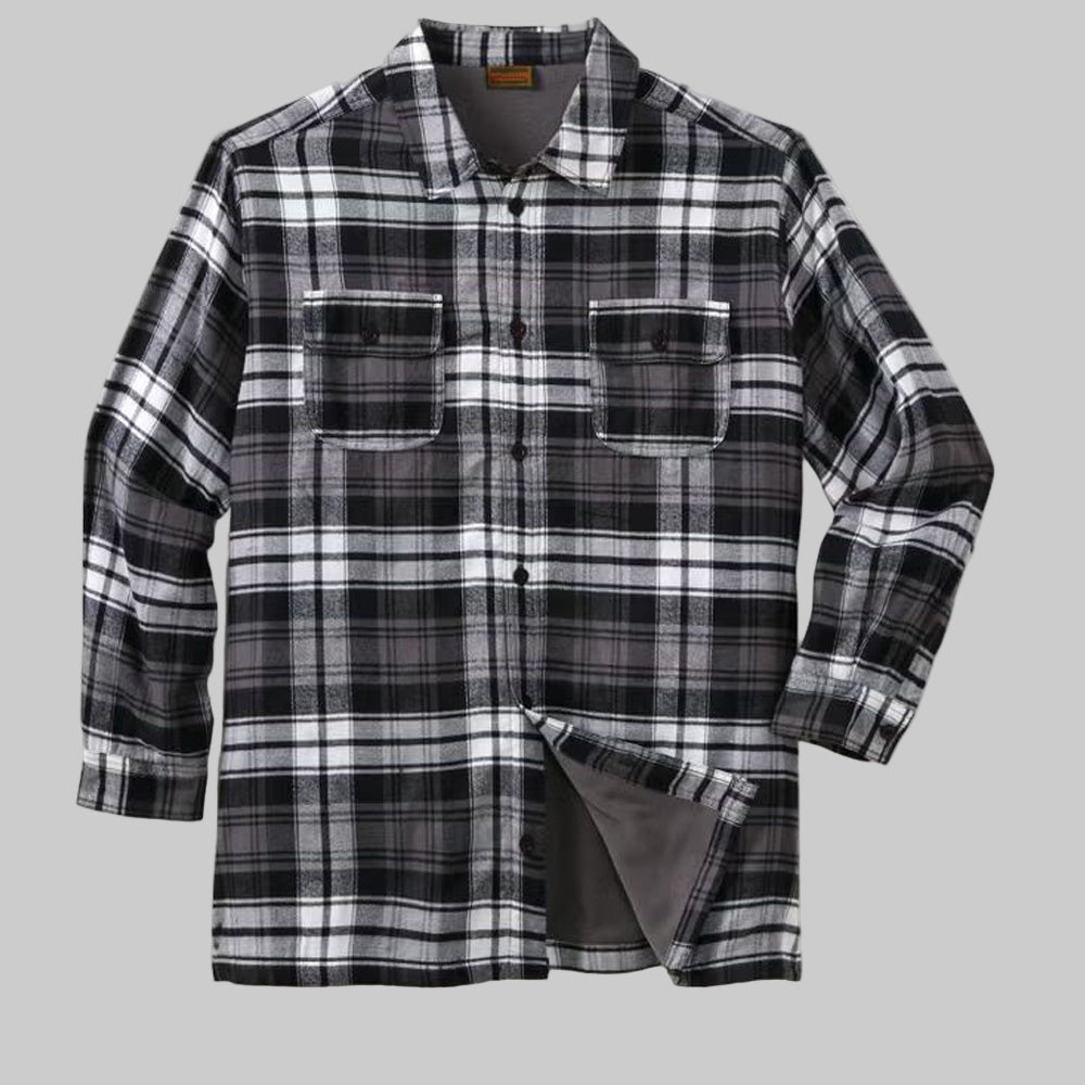 Front view of Black Plaid Fleece-Lined Flannel Shirt Jacket for plus-size men on white background.