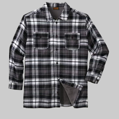 Front view of Black Plaid Fleece-Lined Flannel Shirt Jacket for plus-size men on white background.