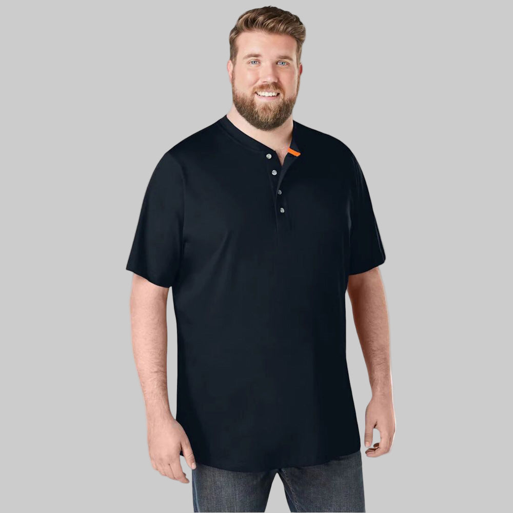 Plus-size Pakistani male model wearing black Henley T-shirt on a clean studio background, relaxed fit.
