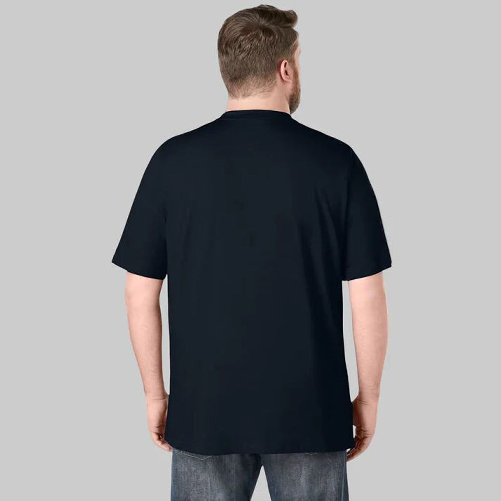 Plus-size Pakistani male model wearing black Henley T-shirt on a clean studio background, relaxed fit.