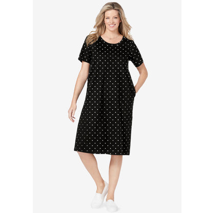 Black Polka Dot Short-Sleeve Crewneck Tee Dress PSW-8225