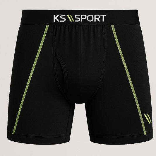 Black Polyester Performance Boxer Briefs with mesh panels, tagless label, and moisture-wicking fabric

