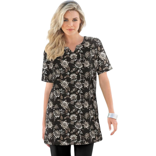 Plus size black porcelain floral tie-dye tunic with notch neck and 3/4 sleeves – relaxed fit top for women