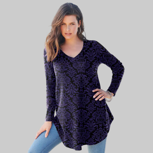 Black Purple Damask Thermal V-Neck Swing Tunic with shirttail hem — soft, lightweight waffle-knit plus size tunic for women.