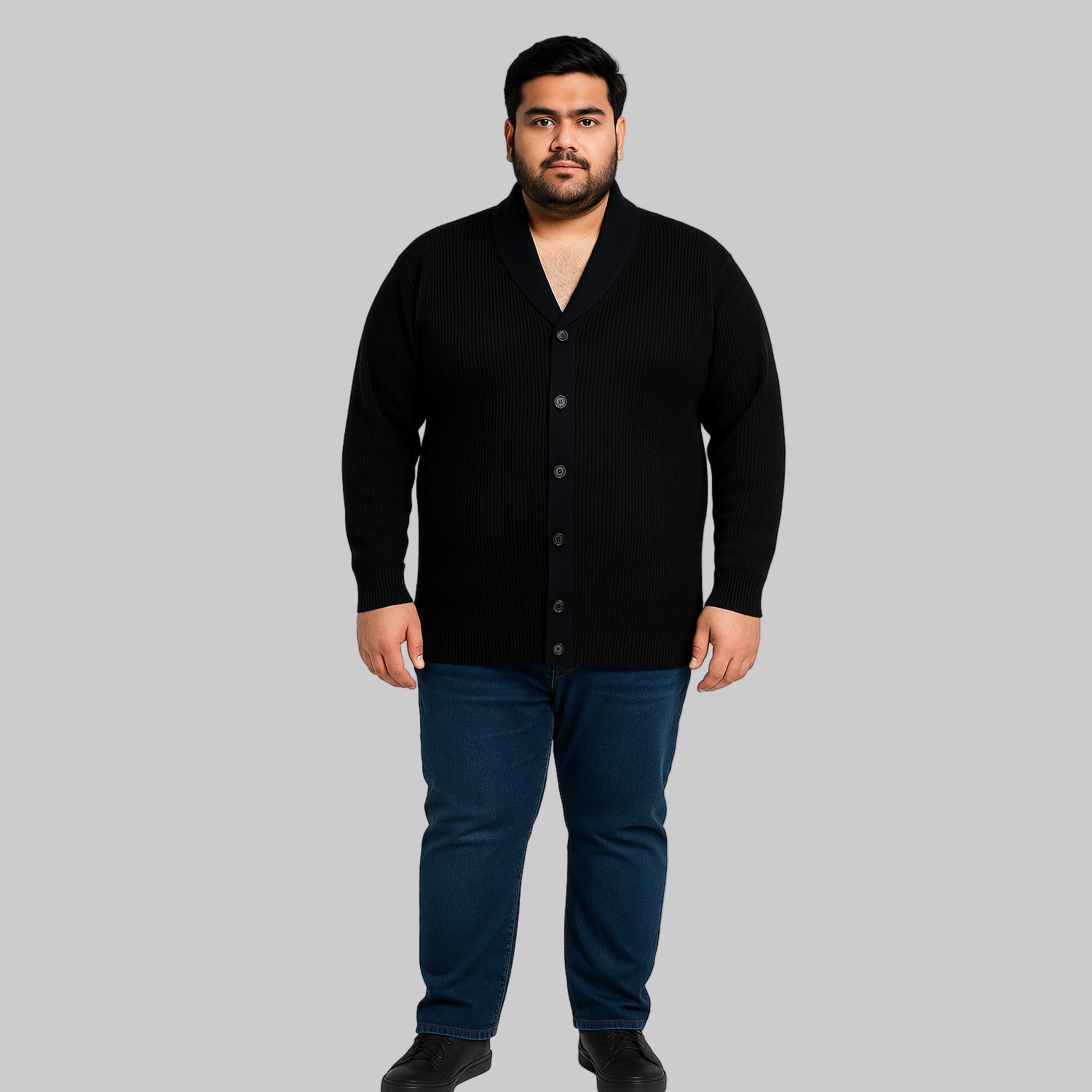 Unisex plus-size model wearing a Black Ribbed Shawl Collar Cardigan Sweater made from 7G acrylic, front view.