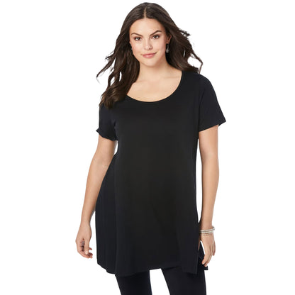 Black Scoopneck Swing Tunic – Flowy 34" Cotton Top for Women
