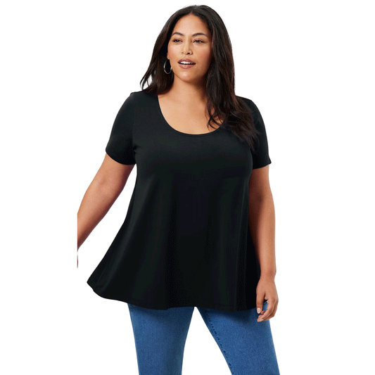 Black Short-Sleeve Scoop Neck Swing Tunic  PSW-9283