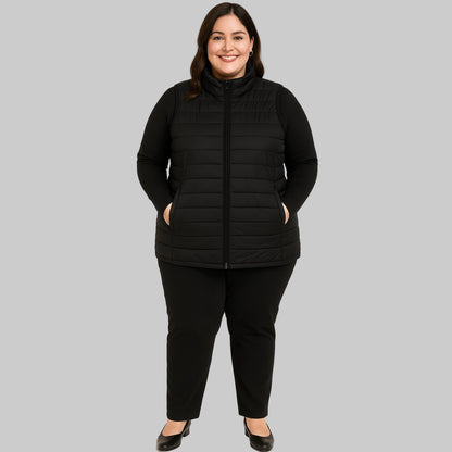Plus-size female model wearing a black short sleeveless quilted puffer jacket with a zip-front closure.