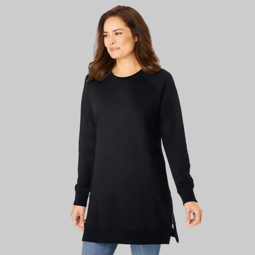 Black side-zip sweatshirt with modern asymmetric zipper detail, relaxed plus-size fit, soft fleece fabric, and ribbed cuffs for casual everyday comfort.