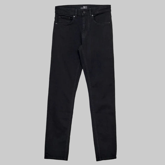 Men’s black slim fit stretch jeans with standard waist and slim leg, front studio view