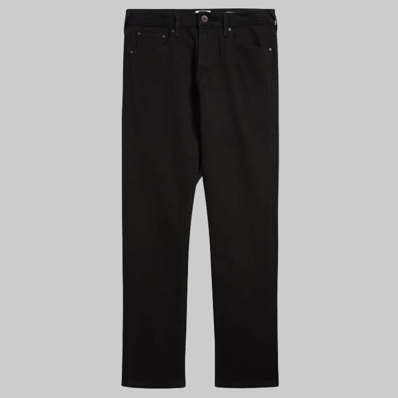 Men’s Black Straight Leg Stretch Jeans — regular waist, full length, garment-washed finish, front studio view