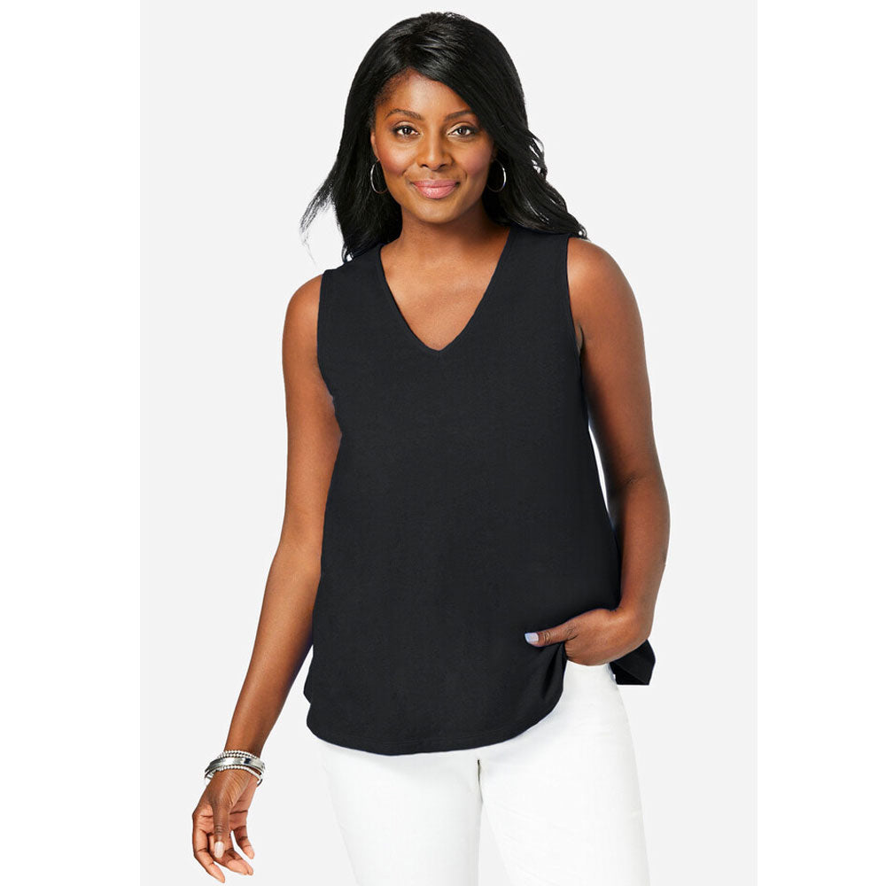 Black Stretch Cotton V-Neck Trapeze Tank PSW-7961