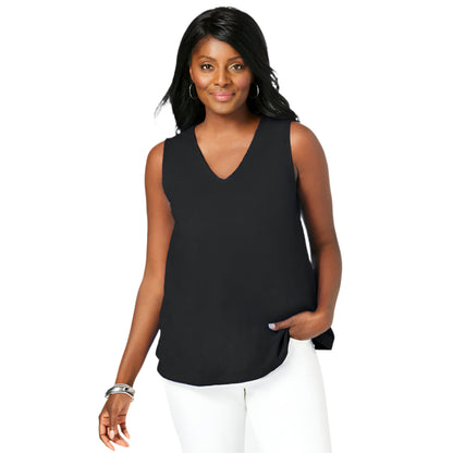 Plus size black v-neck trapeze tank for women – stretch cotton sleeveless top

