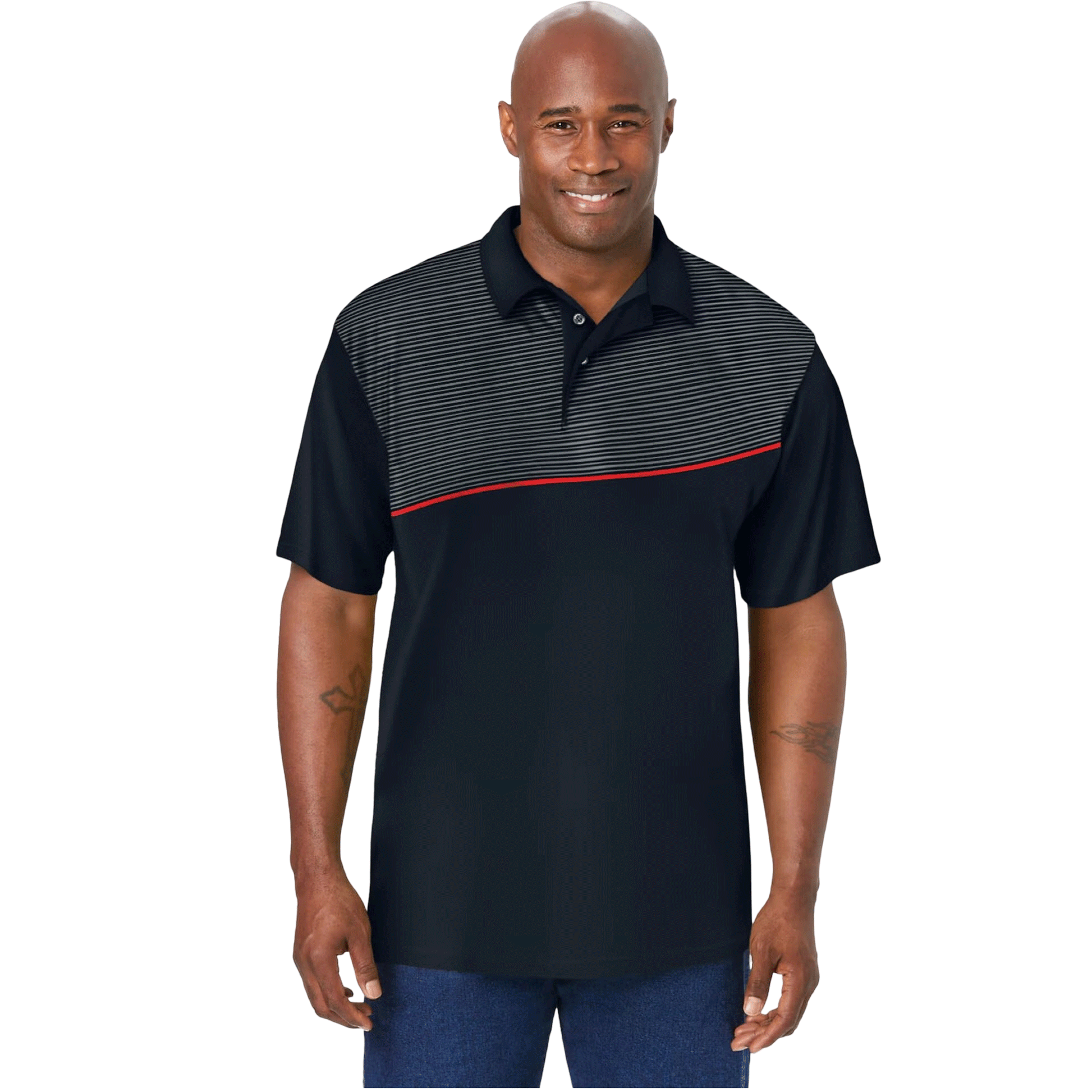 Black Stripe Moisture-Wicking Polo Shirt featuring a bold black base with striped accents, designed for comfort and active wear with moisture-wicking technology.