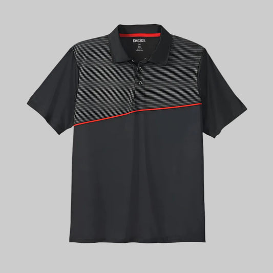 Black Stripe Moisture-Wicking Polo Shirt featuring a bold black base with striped accents, designed for comfort and active wear with moisture-wicking technology.