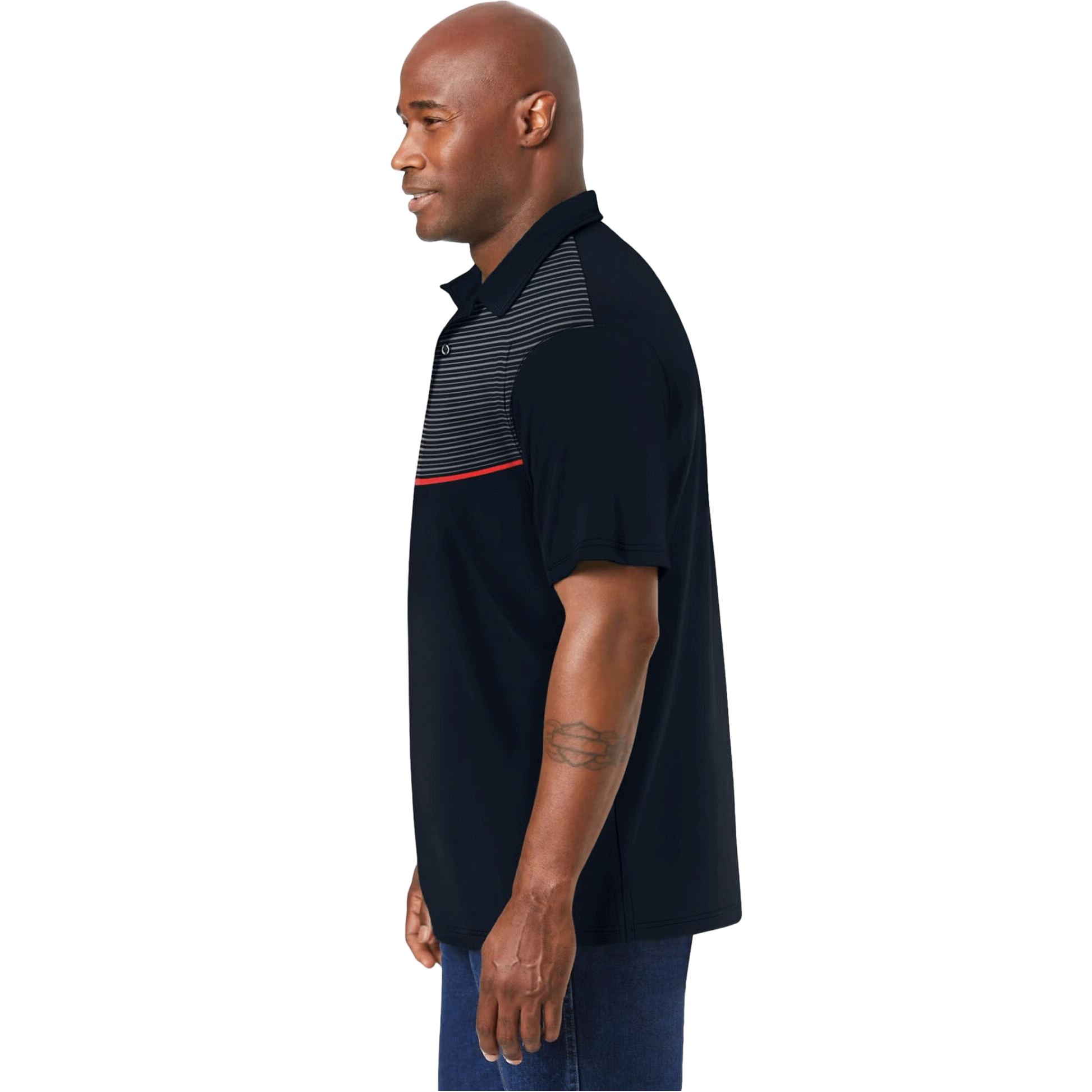 Black Stripe Moisture-Wicking Polo Shirt featuring a bold black base with striped accents, designed for comfort and active wear with moisture-wicking technology.