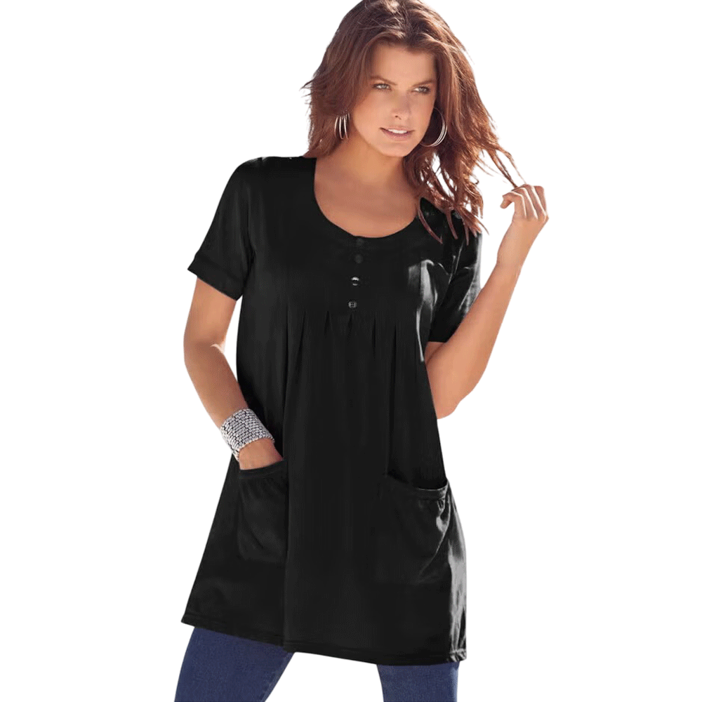 Black Two Pocket Soft Knit Tunic with long sleeves, scoop neckline, and a relaxed fit, perfect for layering or casual wear.