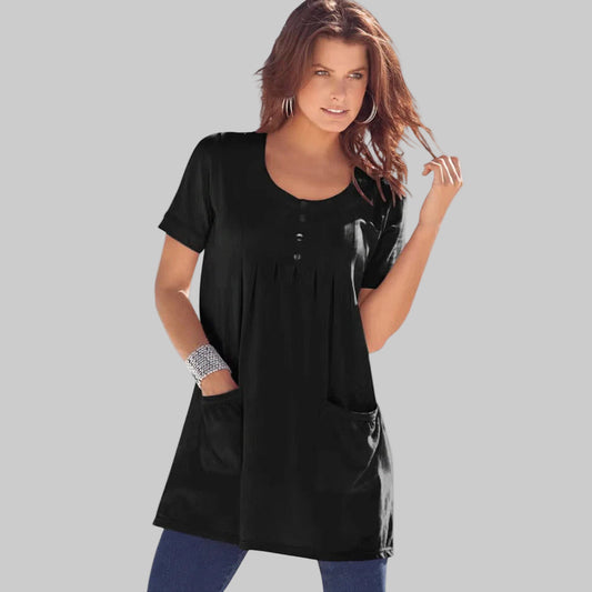 Black Two Pocket Soft Knit Tunic with long sleeves, scoop neckline, and a relaxed fit, perfect for layering or casual wear.