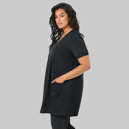 Black Two Pocket Soft Knit Tunic with long sleeves, scoop neckline, and a relaxed fit, perfect for layering or casual wear.