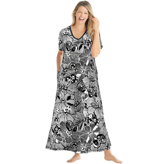 Black White Flower Long T-Shirt Lounger