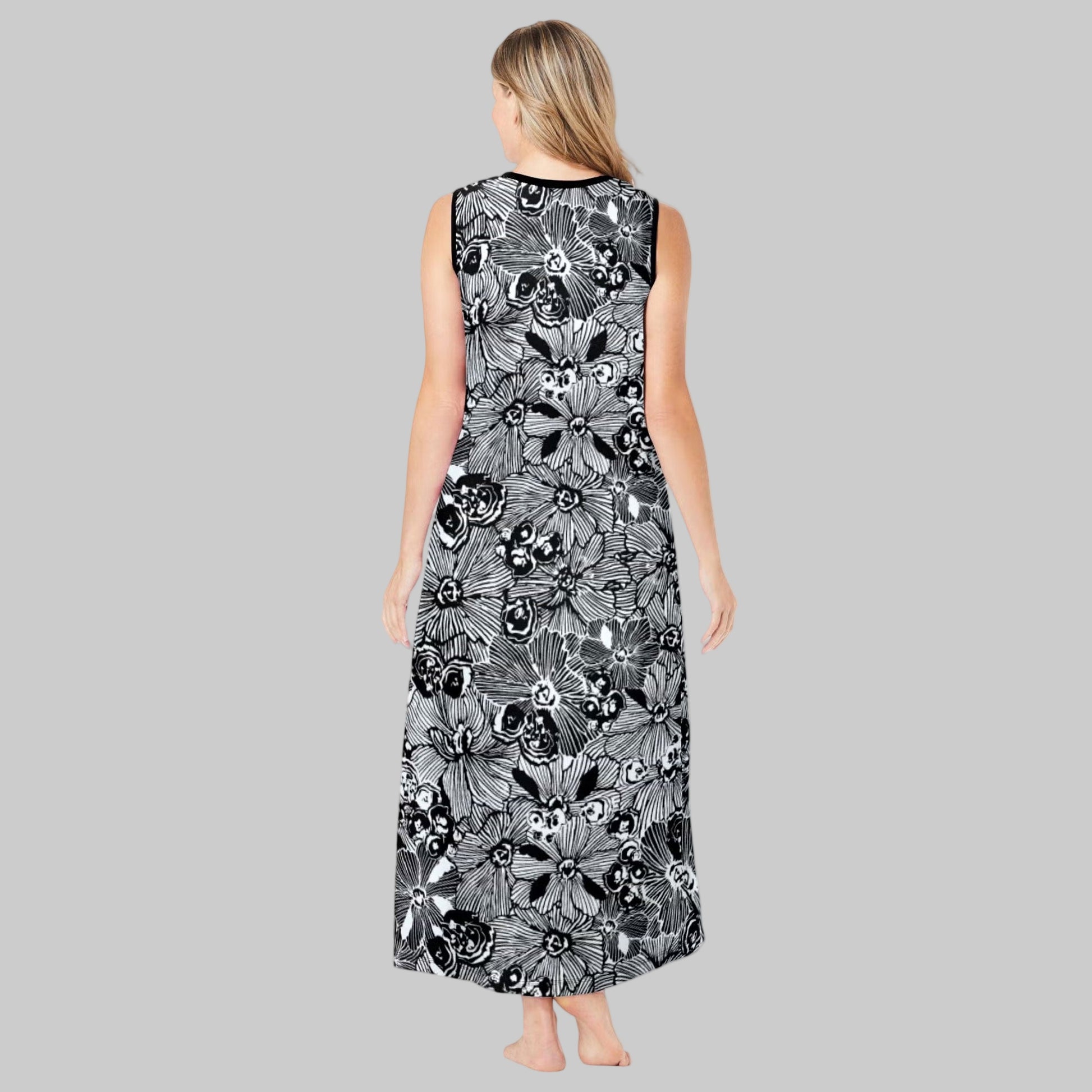 Black White Flower V-Neck Sleeveless Lounger