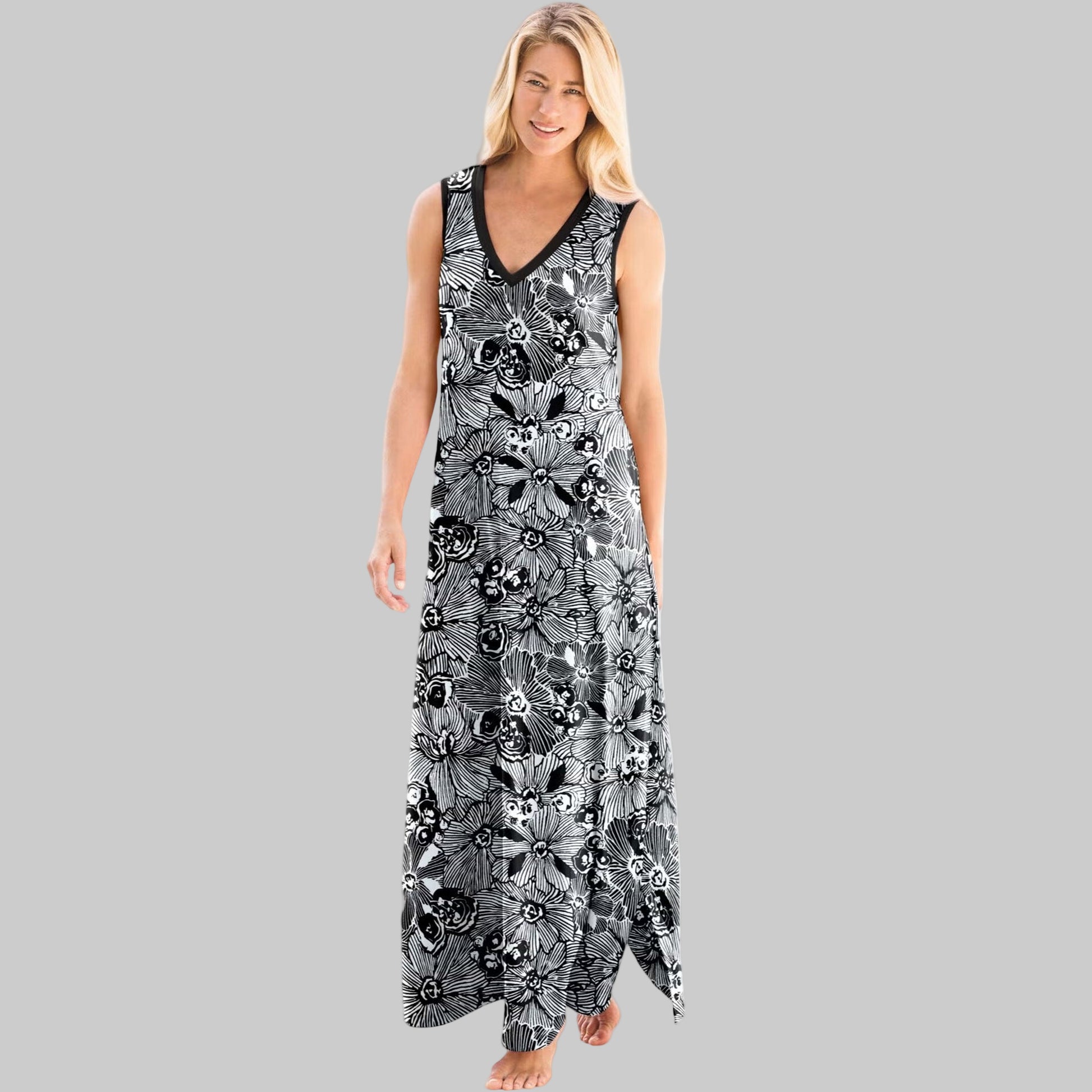 Black White Flower V-Neck Sleeveless Lounger