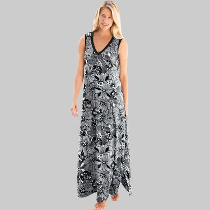 Black White Flower V-Neck Sleeveless Lounger