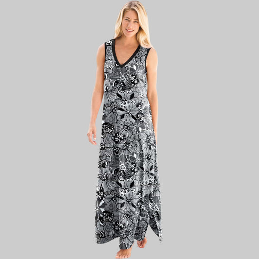 Black White Flower V-Neck Sleeveless Lounger