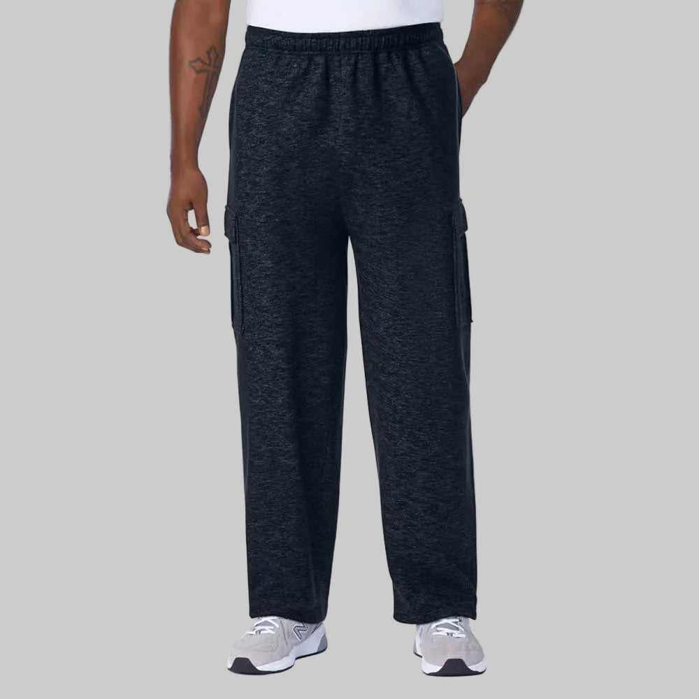 Black white fleece cargo sweatpants for big and tall men with elastic waistband and cargo pockets.
