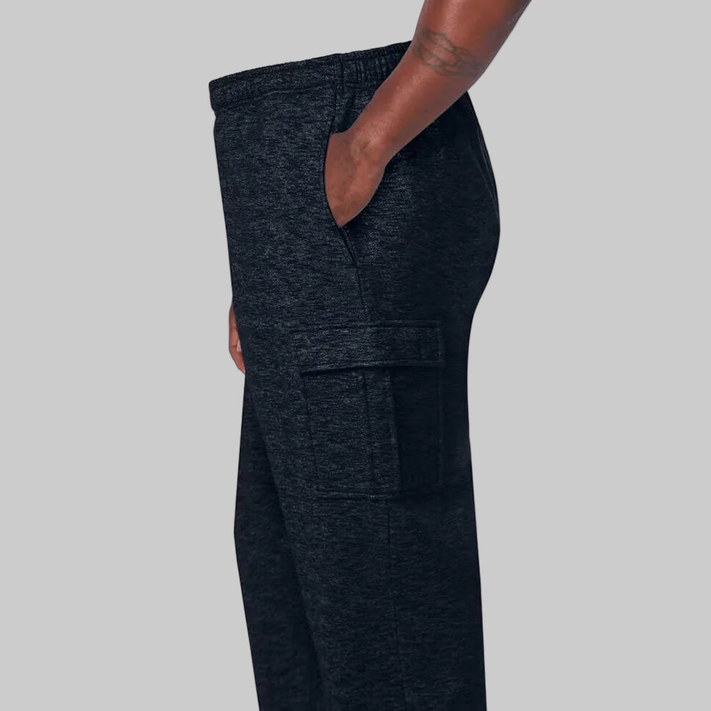 Black white fleece cargo sweatpants for big and tall men with elastic waistband and cargo pockets.
