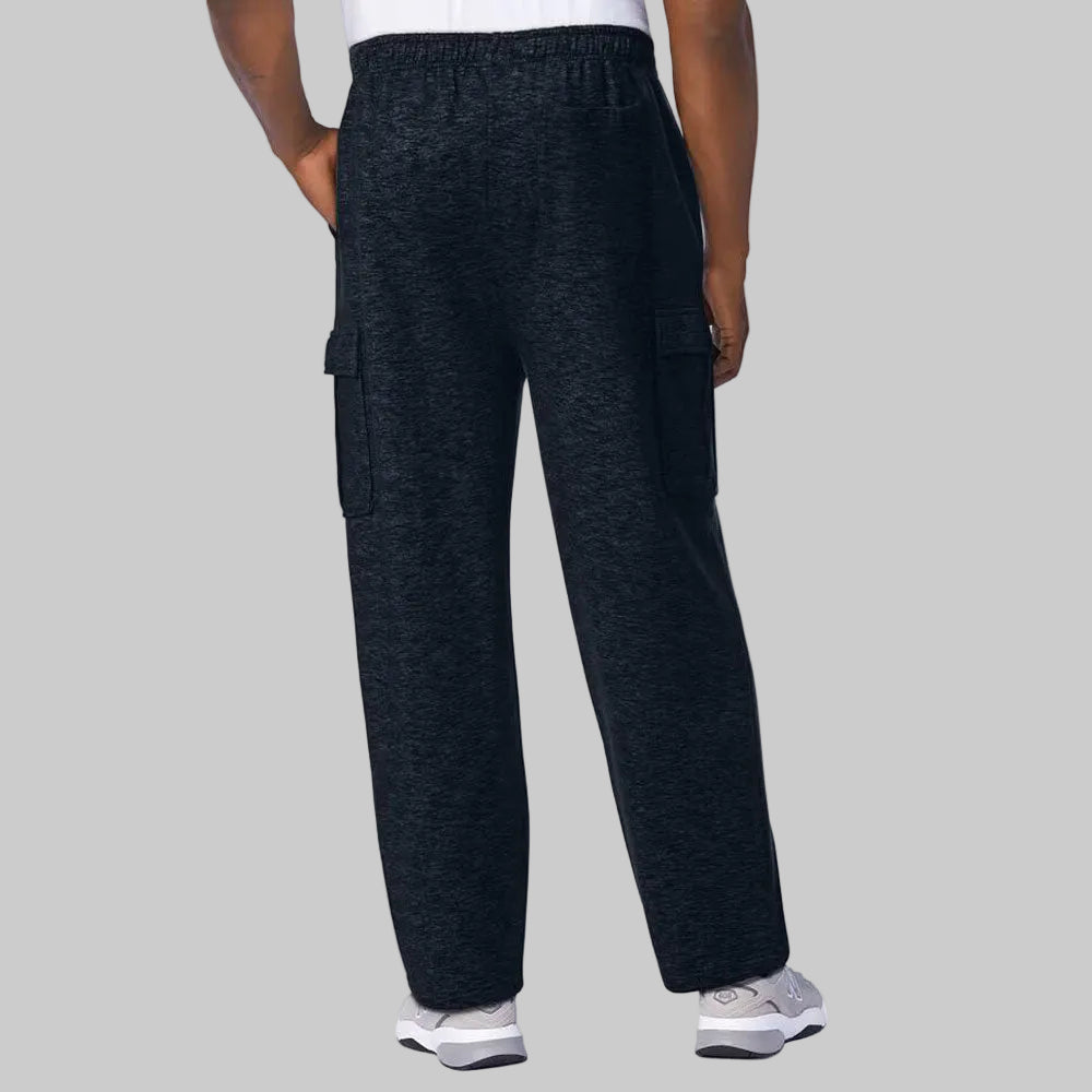 Black white fleece cargo sweatpants for big and tall men with elastic waistband and cargo pockets.