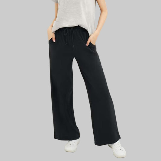 Black Wide-Leg French Terry Sweatpants with elastic drawstring waist and front pockets — soft, full-length plus size lounge pants for women.