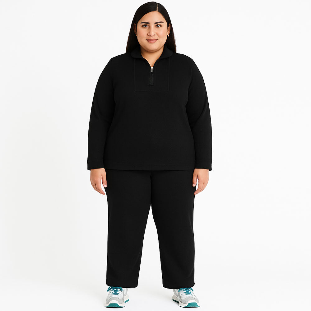Plus Size Women French Terry Knit Pajama Set – Long Sleeve Top with Matching Pants