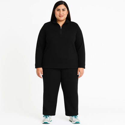 Plus Size Women French Terry Knit Pajama Set – Long Sleeve Top with Matching Pants