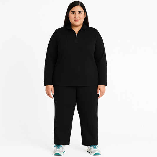 Plus Size Women French Terry Knit Pajama Set – Long Sleeve Top with Matching Pants