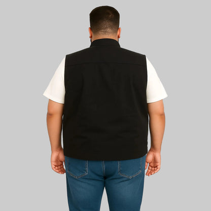 Men’s black twill cotton sleeveless jacket, lightweight layering vest, front studio view
