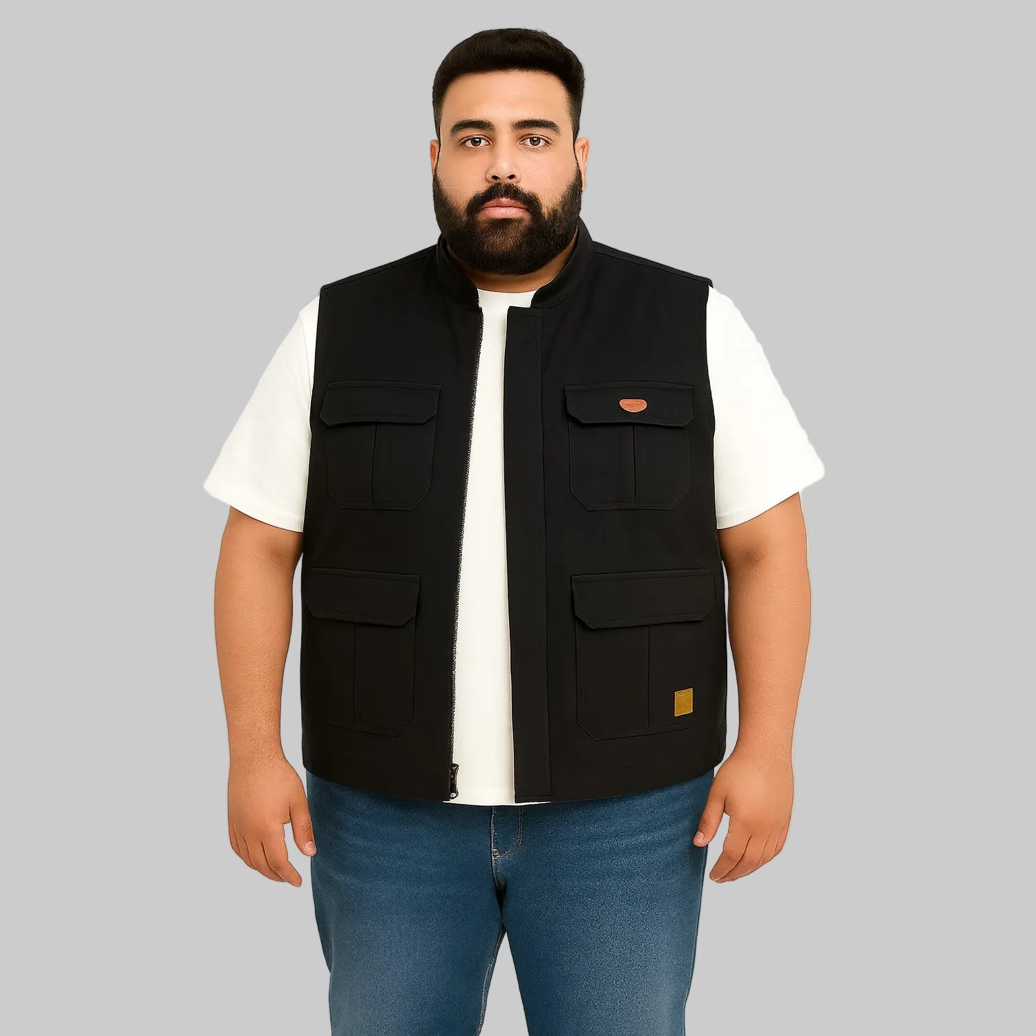 Men’s black twill cotton sleeveless jacket, lightweight layering vest, front studio view