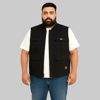 Men’s black twill cotton sleeveless jacket, lightweight layering vest, front studio view