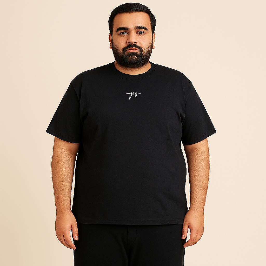 ront view of black plus-size cotton t-shirt with PS chest logo – available in 2XL to 6XL
