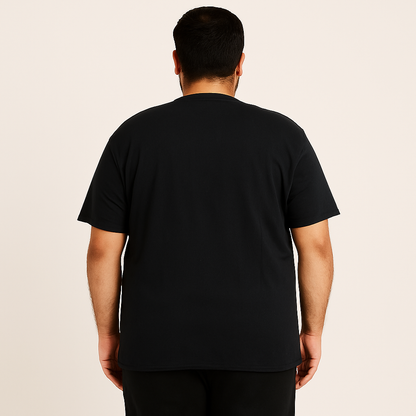 ront view of black plus-size cotton t-shirt with PS chest logo – available in 2XL to 6XL