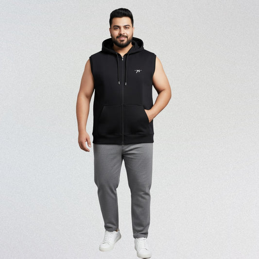 lus-size Pakistani male model wearing a black sleeveless zip-up hoodie with hood and embroidered “ps” logo on chest, front view, studio white background.