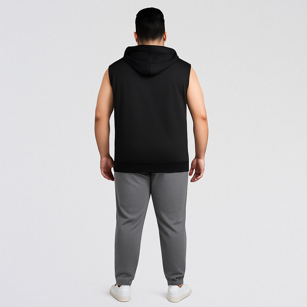 lus-size Pakistani male model wearing a black sleeveless zip-up hoodie with hood and embroidered “ps” logo on chest, front view, studio white background.